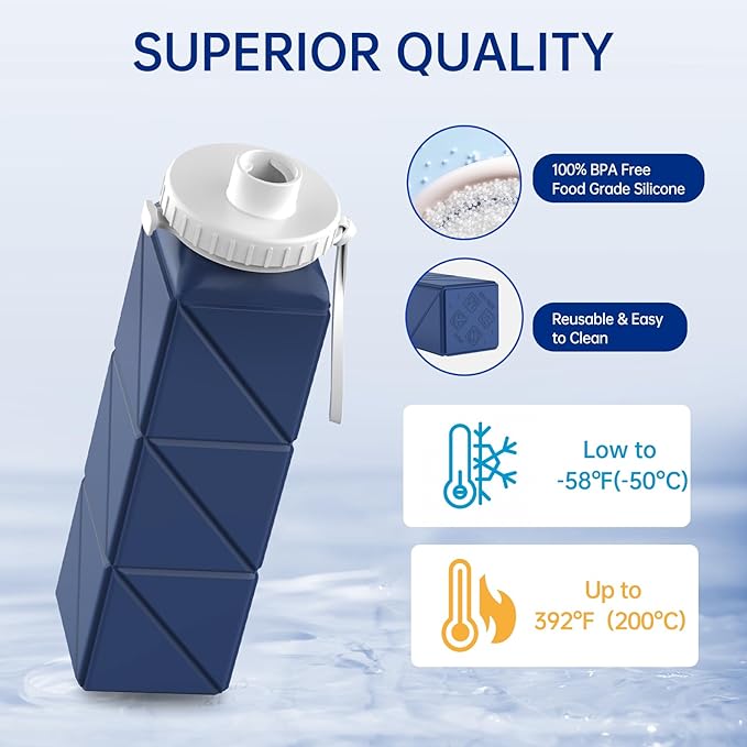 Collapsible Water Bottles,Leakproof Lid Reusable BPA-Free Silicone Foldable Travel Water Bottle,Portable Bottle 610ml for Travel,Cycling,Gym,Hiking,Biking,Camping,Sports -Lightweight,Wide Mouth
