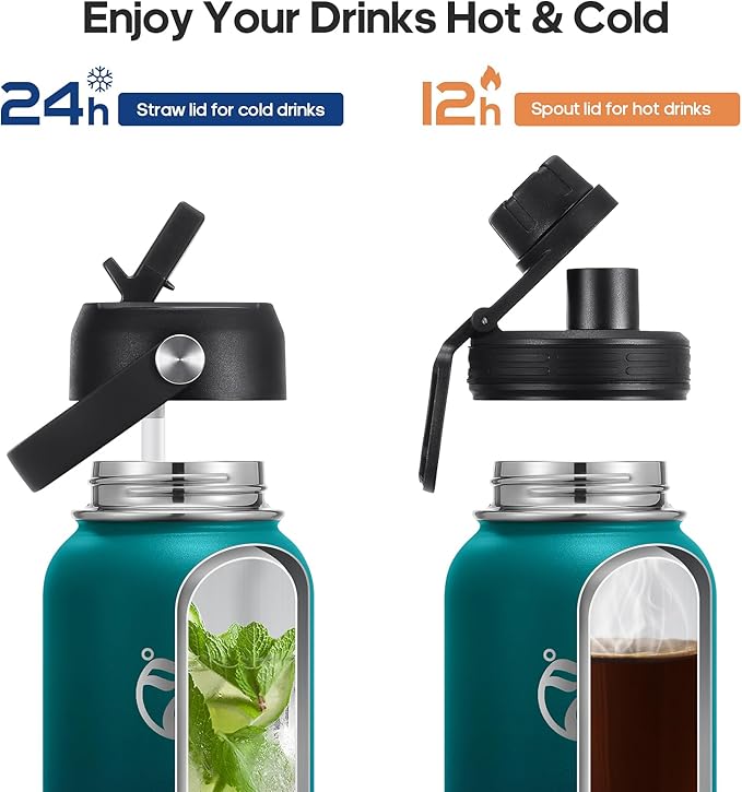 HydroPal Insulated Water Bottles 32 oz with 2 Leak Proof Lids & Water Bottle Holder, Wide Mouth Sport Water Bottle with Straw, Reusable Stainless Steel Water Flask, Double Walled Vacuum Thermos