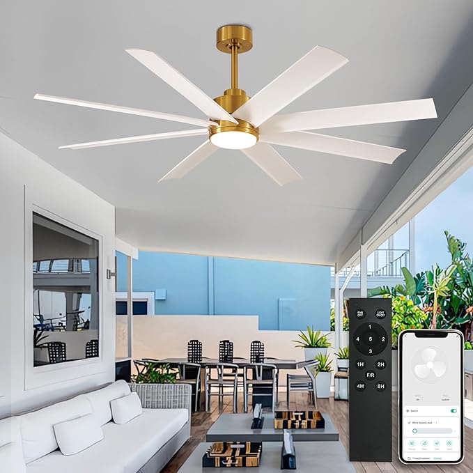 Depuley 60" Industrial DC Motor Ceiling Fan with LED Light, Indoor or Covered Outdoor Ceiling Fans for Living Room Office Bedroom Porch Patio, 5-Speed Remote App Control, White and Gold
