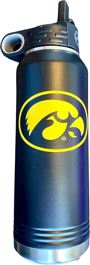 Game Day Outfitters University of Iowa 32oz Stainless Steel Double Walled Black Beverage Bottle with Flip Straw Spout - College Gear for Playoff Season – Show your Hawkeye Pride