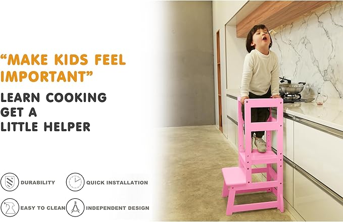 SDADI Mother's Helper Adjustable Height Kitchen Step Stool, Children Kids Toddlers Counter Level Learning Stool for Kitchen & Bathroom, Pink