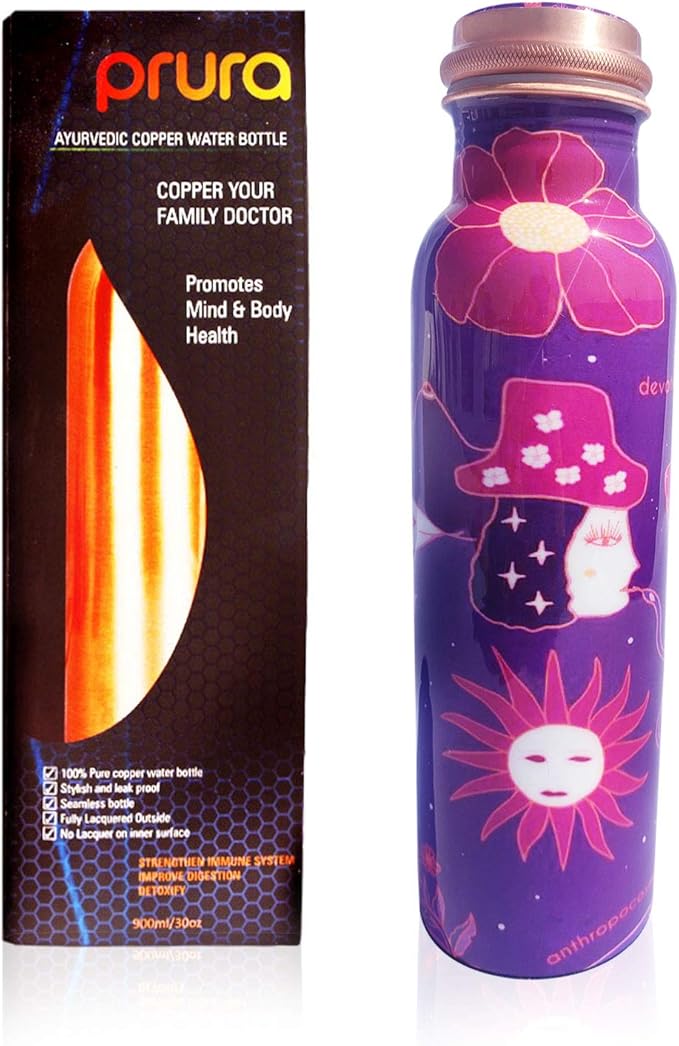 Pure Printed Copper Water Bottle - Leak Proof Ayurvedic Drinkware Copper Vessel for Sports, Gym, Outdoors, Yoga, Health Benefits (30 oz)