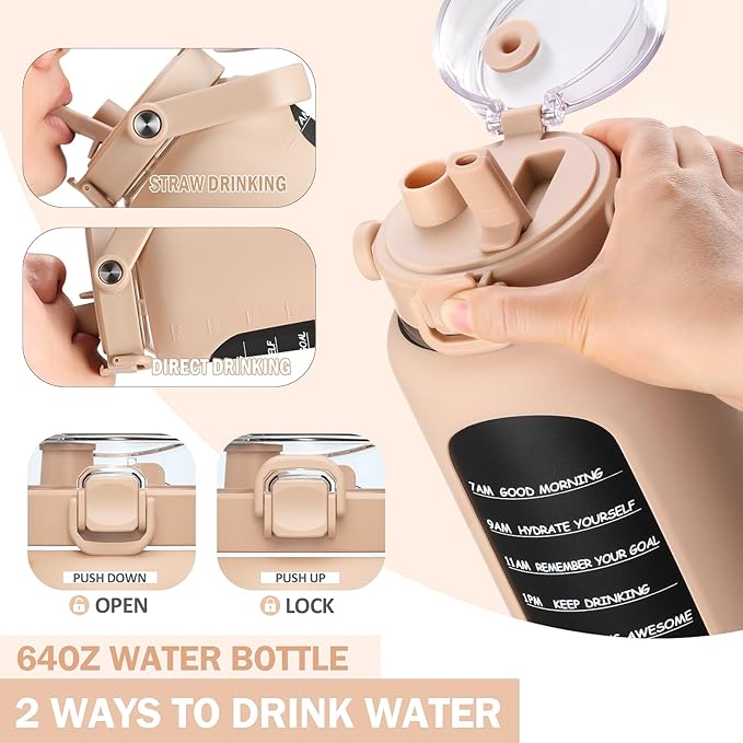 BLUEGO 64oz Insulated Water Bottle with Straw and Handle Leakproof Half Gallon Wide Mouth Motivational Water Bottle, 2-IN-1 Straw Spout Lid Stainless Steel Water Jug for Sport Travel Gym-Amber