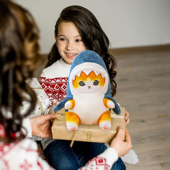 Kawaii Shark Cat Plush Toy Stuffed Animal Doll, Cute Soft Pillow Stress Release Hugs Toys Christmas Halloween Birthday Gifts for Kids Boys Girl Best Gift (Blue - Yellow,9 inch)