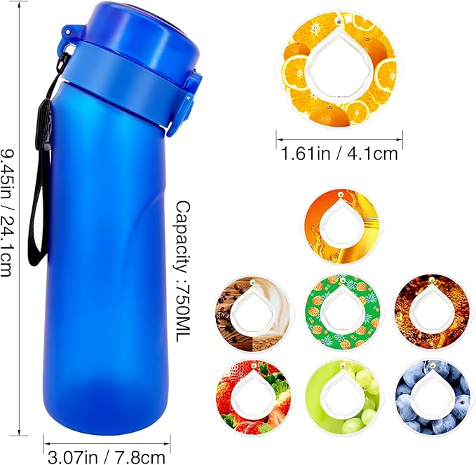 Air Water Bottle with Flavor Pods, Flavored Water Bottle,750ML Large Scented Flavor Water Bottle,Sports Water Cup with Straw Suitable for Outdoor Sports(New Blue+8Pods)
