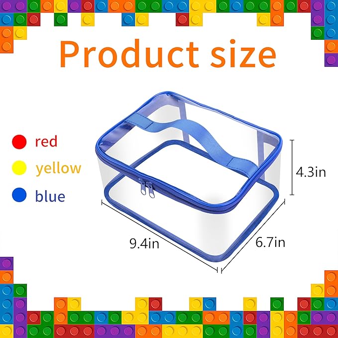 3 Packs Clear Toy Storage Bags- 9.4 x 6.7 x 4.3 Inch Transparent PVC Toy Organizing Bags with Zipper- Waterproof Toy Storage Organizer Pouch for Building Blocks, Small Toys (Red, Blue, Yellow)