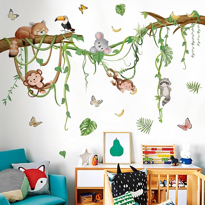 Removable Jungle Animals Wall Decals Peel and Stick Safari Monkey Climbing Tree Wall Stickers Vinyl Sloth Butterfly Vine Mural Art Decor for Kids Nursery Bedroom Living Room Sofa TV Wall