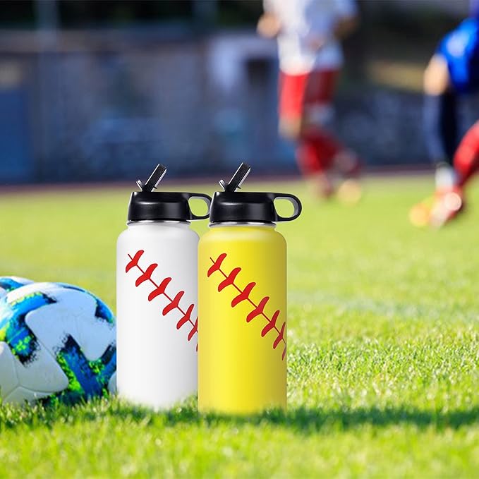 22oz Wide Mouth Softball Water Bottle with Two Lids(Straw, Handle Lid), 18/8 Stainless Steel Vacuum Insulated for Travel & Sport Cup. (Softball Yellow, 22oz)