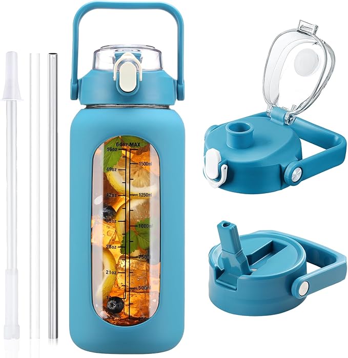 64 oz Glass Water Bottle with Straw and 2 Lids, Half Gallon Water Bottle with Sleeve, Large Insulated 2 Liter Glass Water Jug Time Marker with Handle - Steel Blue