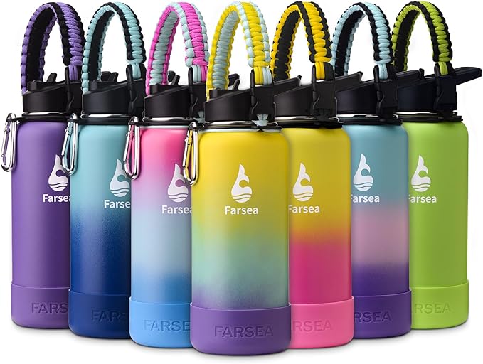 Farsea Insulated Water Bottle With Paracord Handle, Protective Boot and 2 Lids (Straw Lid & Spout Lid), Stainless Steel Water Bottle Wide Mouth, Double Wall Sweat-Proof BPA-Free, 32 oz