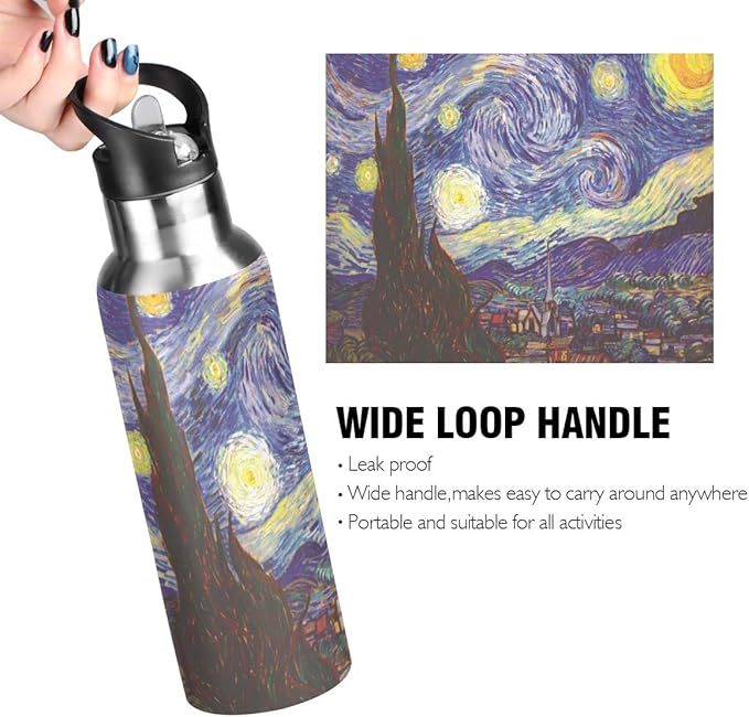 Van Gogh The Starry Night Sports Water Bottle, 22 Oz BPA Free Non-Toxic Stainless Steel Water Bottle with Straw for Gym Yoga Fitness Camping