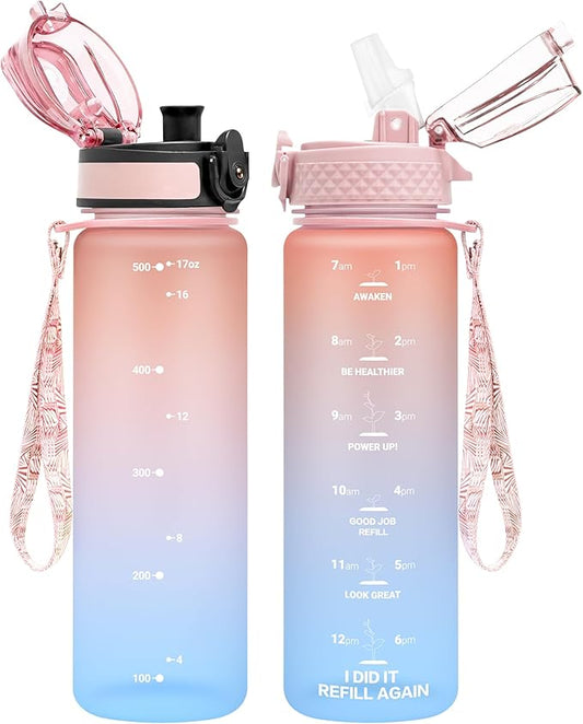 OLDLEY Kids Water Bottle for School, 17 oz (2 lids) BPA-Free Reusable Leak-proof Durable Tritan Plastic Water Bottles with Straw & Chug Lids, Anti-dust Spout Cover (Pink Blue)