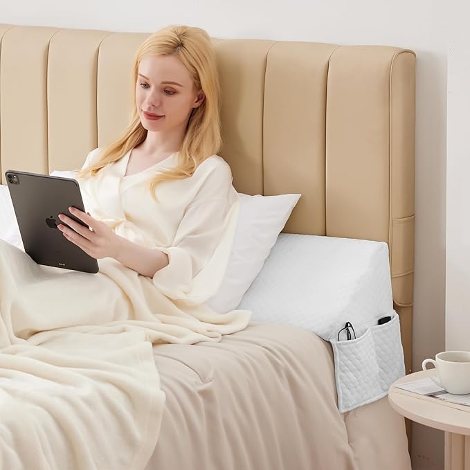 Queen Bed Wedge Pillow for Headboard, Foam Pillow Wedge for Headboard Gap, Mattress Bed Gap Filler Queen, Triangle Pillow Wedge, Anti-slip Bed Crack Space Filler (60"×10"×6") Air-Layer White