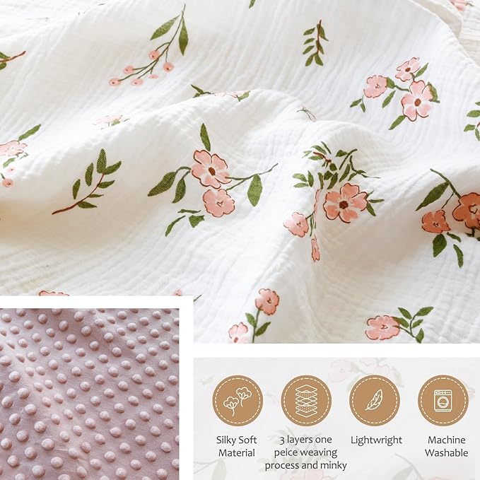 Muslin Baby Blankets for Girls Super Soft Nursery Minky Blankets with Breathable Muslin Cotton Front and 3D Touch Dotted Fleece Backing, Pink Floral Printed Bed Throws Newborn