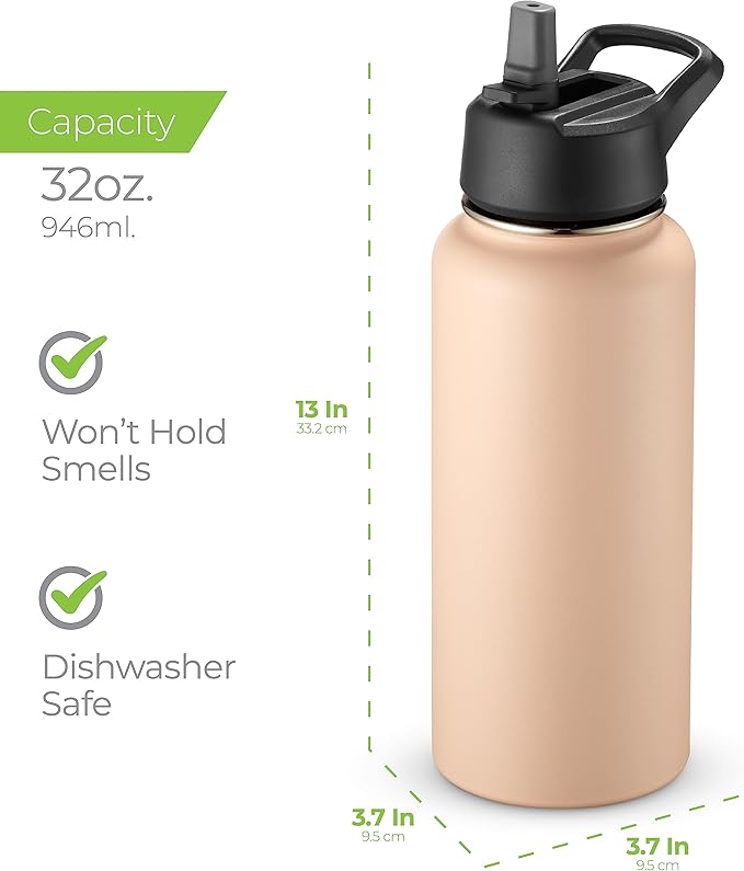 SipX™ Triple-Insulated Stainless Steel Water Bottle 32oz. With 3 Lids, BPA-Free Reusable Insulated Water Bottle Keeps Cold 24 Hours, Metal Water Bottle Made Of Sustainable Material For Hiking & Biking