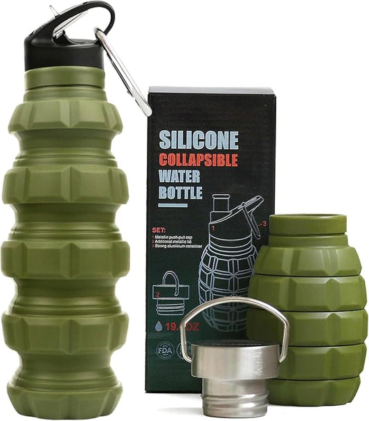 Collapsible Water Bottle 19.6 oz Leak Proof - 2 Lids, Carabiner, Gift Box - Reusable Silicone Water Bottle Men for Dad Birthday Gift - Foldable Travel Water Bottle for Gym & Sport - Green Accessories