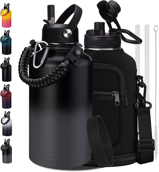 64OZ Insulated Sports Water Bottle - Large Half Gallon Stainless Steel Flask Water Bottles 64 oz, Leak Proof, Double Walled, BPA Free, Sweat-Proof Water Jug with Straw, Keep Cold-48H & Hot-24H