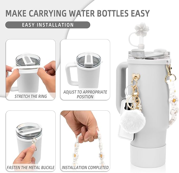 Stanley Cup Accessories Set Including 1 Pcs Siliocne Stanley Cup Boot, 1 Pcs Water Bottle Handle Strap, 1 Pcs Siliocne Straw Cover, 3 Pcs Stanley Charms for Stanley Cup 40oz & 30oz Tumbler - White