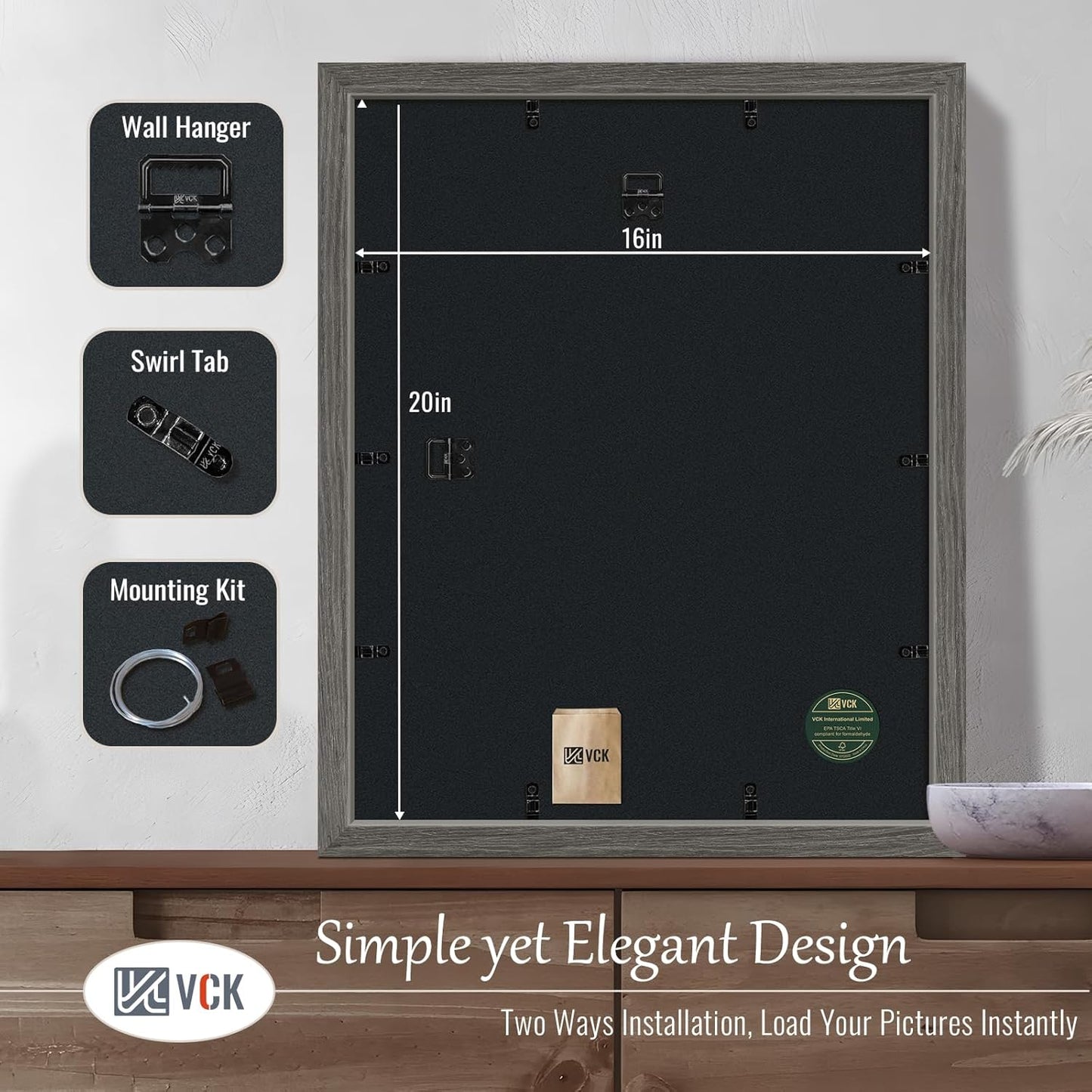 VCK 16x20 Picture Frames for Wall - 3 pack, Grey Natural Solid Wood Frame, Exclusive Wood Grain