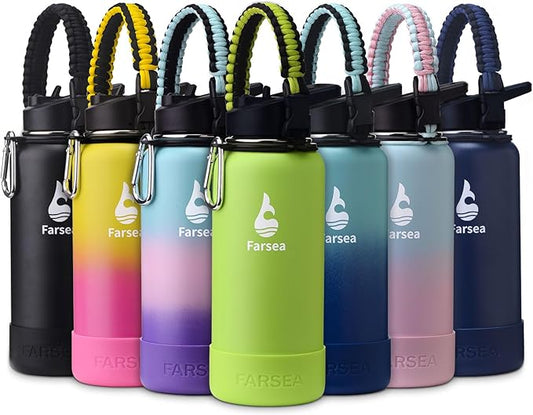 Farsea Insulated Water Bottle With Paracord Handle, Protective Boot and 2 Lids (Straw Lid & Spout Lid), Stainless Steel Water Bottle Wide Mouth, Double Wall Sweat-Proof BPA-Free, 32 oz
