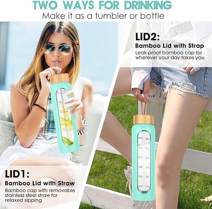 32 oz Glass Water Bottles with Straw - Motivational Glass Water Bottle with Time Marker & Silicone Sleeve - Reusable Glass Tumbler Includes 2 Bamboo Lids & Fruit Infuser - 1 Pack