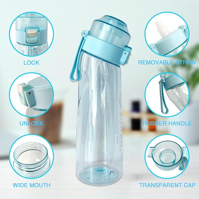 Air Water Bottle,650ML Scent Water Cup with 6 Flavour Pods,Leak Proof Sports Water Cup with Straw Suitable for Outdoor Sports,Gifts From Friends, Birthday Gifts (Blue+6 Pods)
