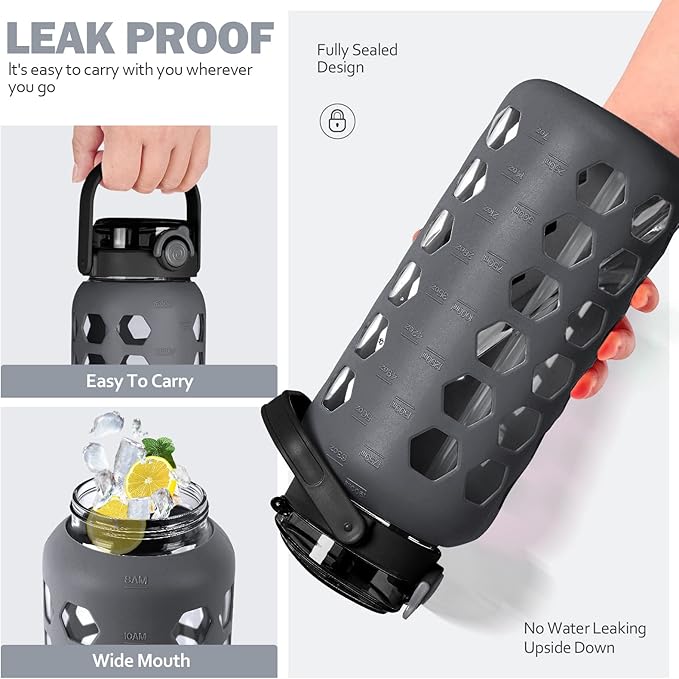 MUKOKO Half Gallon/64 oz Glass Water Bottles with Straw and Lid,Motivational Water Jug with Time Marker Reminder and Silicone Sleeve,100% Leakproof BPA Free Fitness Sports Large Bottle-Grey