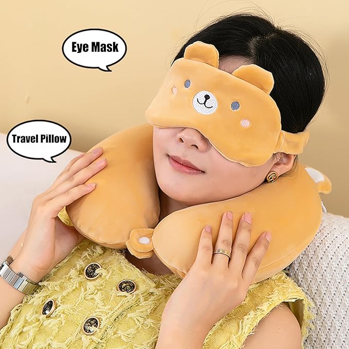 Kids Neck Pillow for Travel with Sleep Eye Mask, Cute Travel Neck Pillow, Memory Foam Flight Sleeping Headrest Pillow for Boys & Girls, Airplane, Train, Car, Home Use - Green Dinosaur