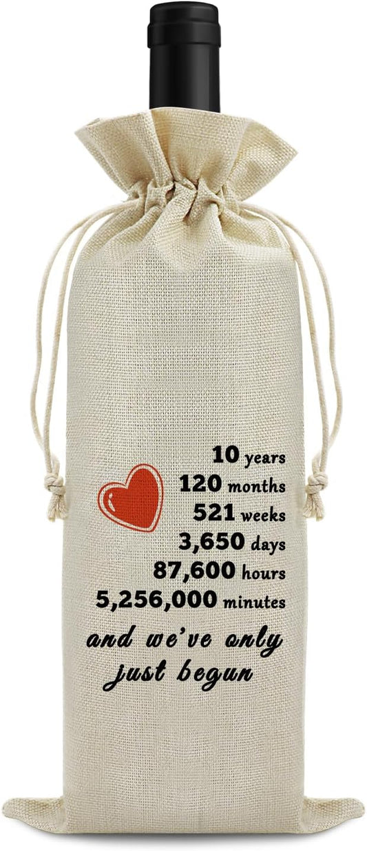 Sfodiary 10th Anniversary Wedding Gift for Wife Husband Wine Bag 10th Year Marriage Gift for Women Men Burlap Wine Wrap Bag Valentine Christmas Thanksgiving Gifts for Couples Wine Gift Bag