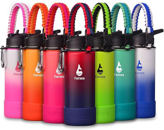 Farsea Insulated Water Bottle With Paracord Handle, Protective Silicone Boot and 2 Lids (Straw Lid & Spout Lid), Stainless Steel Water Bottle Wide Mouth, Double Wall Sweat-Proof BPA-Free, 18 oz
