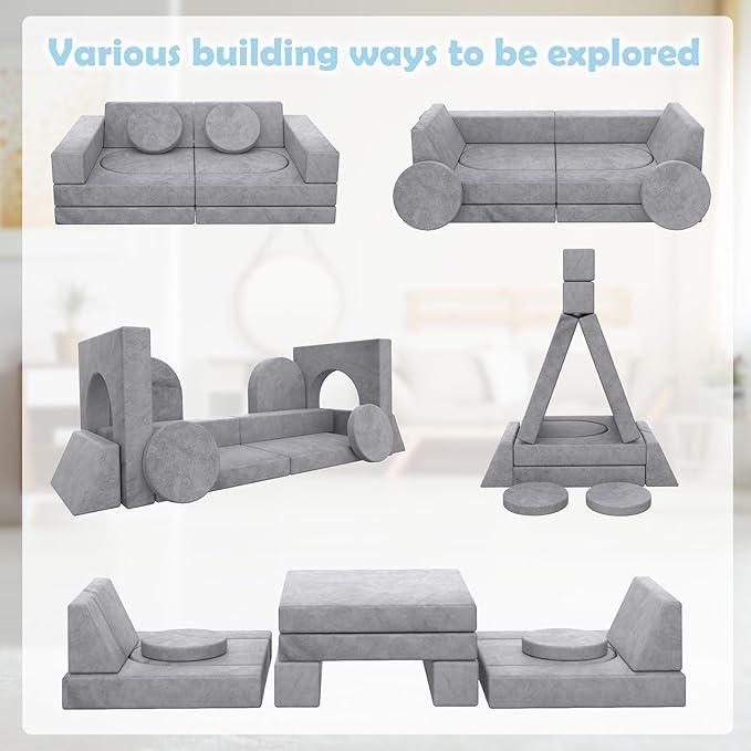 Kids Couch, 12PCS Modular Kids Play Couch with Blanket, Kids Sofa Couch for Playroom & Indoor, Convertible Toddler Couch for Girls and Boys