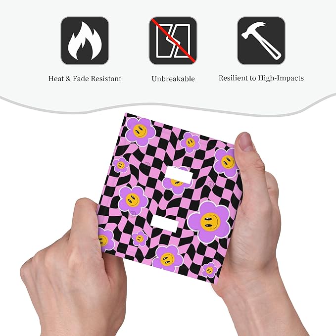 Flowers with Checkered Double Toggle Light Switch Covers 2 Gang Wall Plate Dual Decorative Switchplate Electrical Faceplate for Bathroom Country Kitchen Bedroom Decor, 4.9" x 5"