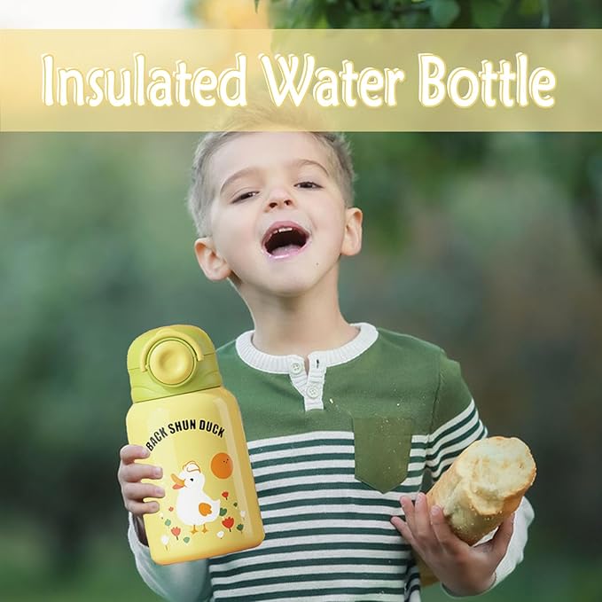 Cute Water Bottle for Girls, Kawaii Kids Water Bottles with Straw Drinking Bottle, Portable Leakproof 15 oz Water Jug for School Camping (YELLOW)