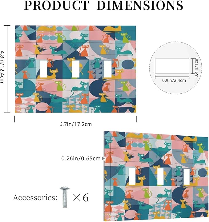Mid Century Modern Atomic Cute Cats 3 Gang Light Switch Covers Triple Toggle Wall Plate Decorative Switchplate Electrical Faceplate for Kidroom Nursery Bedroom Decor