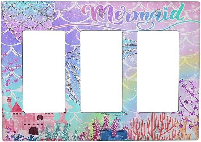 Silvery Glitter Cute Mermaid Tail Fantasy Castle 3 Gang Rocker Light Switch Covers Triple Outlet Wall Plate Decorative Switchplate Cover Faceplate GFCI for Kidroom Nursery Bedroom Kitchen Decor