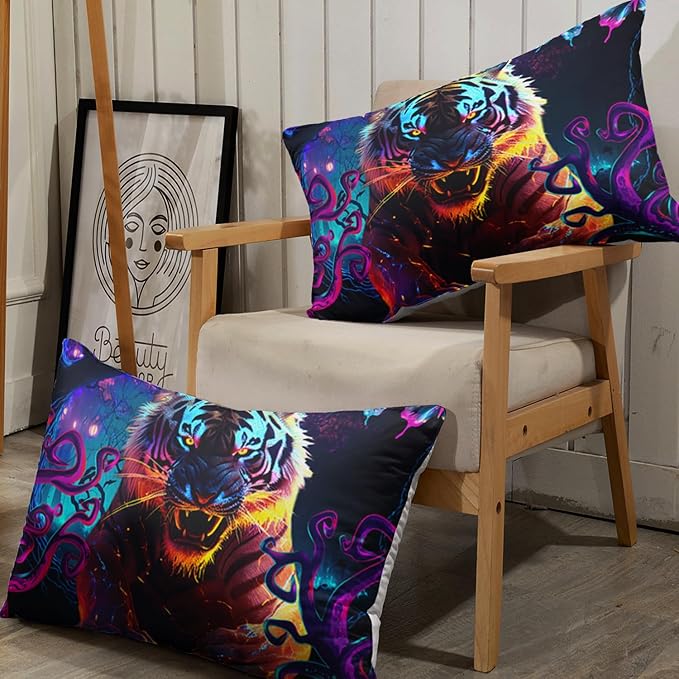 AILONEN Tiger Fitted Sheet Set Twin Size, Purple Magic Forest Fierce Tiger Bed Sheet Set for Boys Girls,Howling Tiger Soft Breathable Fitted Sheet and 2 Pillowcases,3 Pieces