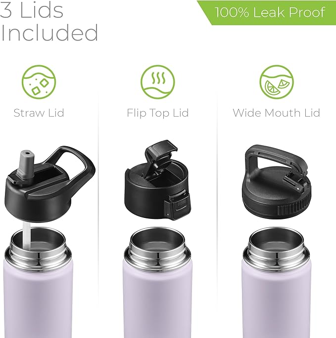SipX™ Triple-Insulated Stainless Steel Water Bottle 18oz. With 3 Lids, BPA-Free Reusable Insulated Water Bottle Keeps Cold 24 Hours, Metal Water Bottle Made Of Sustainable Material For Hiking & Biking