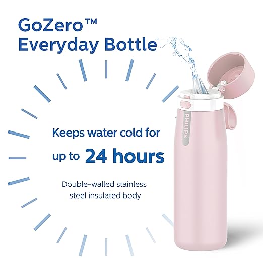 PHILIPS Filtered Water Bottle, Insulated Stainless Steel Water Purifier Bottle for Daily Life & Travel, BPA Free with GoZero Everyday Filter for Cleaner Tastier Tap Water, Keeps Cold, 18.6 oz Pink