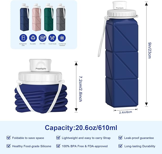 Collapsible Water Bottles 2 pack Travel Water Bottle Portable Hiking Water Bottle Leakproof Reusable BPA Free Silicone Water Bottles Durable Lightweight Bottle for Travel Camping Gym Sports