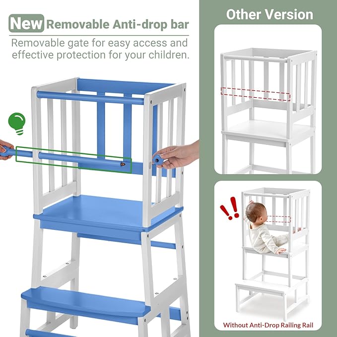 COSYLAND Kids Kitchen Step Stool, Toddler Standing Tower with CPC & FSC Certification, Removable Anti-Drop Railing Safety Rail Enjoys Unique Patented Design A Anti-tip Stable Structure Blue & White