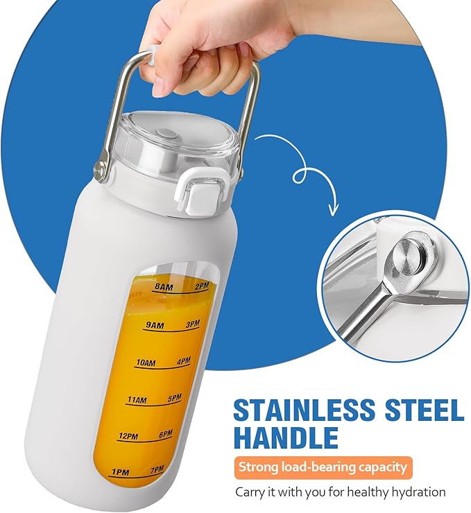 kytffu 64 oz Glass Water Bottle with Straw and Stainless Steel Handle, Half Gallon Water Bottle with Silicone Sleeve and Time Marker, 2L Large Glass Bottle for Gym, School, Travel, Leak-proof (White)