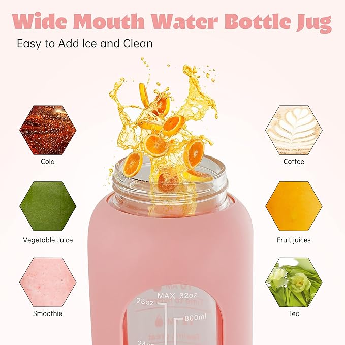 SIEROZUR 32 oz Glass Water Bottle with Straw and Handle Large Sports Motivational Water Bottle with Time Marker and 2 Lids, Leakproof Reusable Water Jug with Silicone Sleeve for Gym