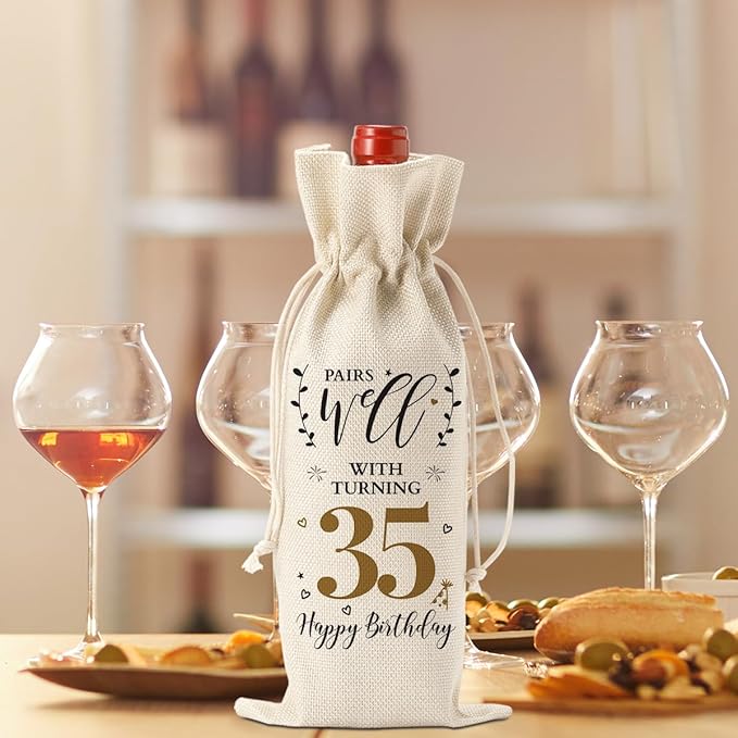 35th Birthday Gifts for Women Men Funny Wine Bag 35th Birthday Decorations Party Favors Happy Anniversary 35 Year Old Gifts Ideas for Mom Her Wife Woman Sister Coworker Wine Gift Bag