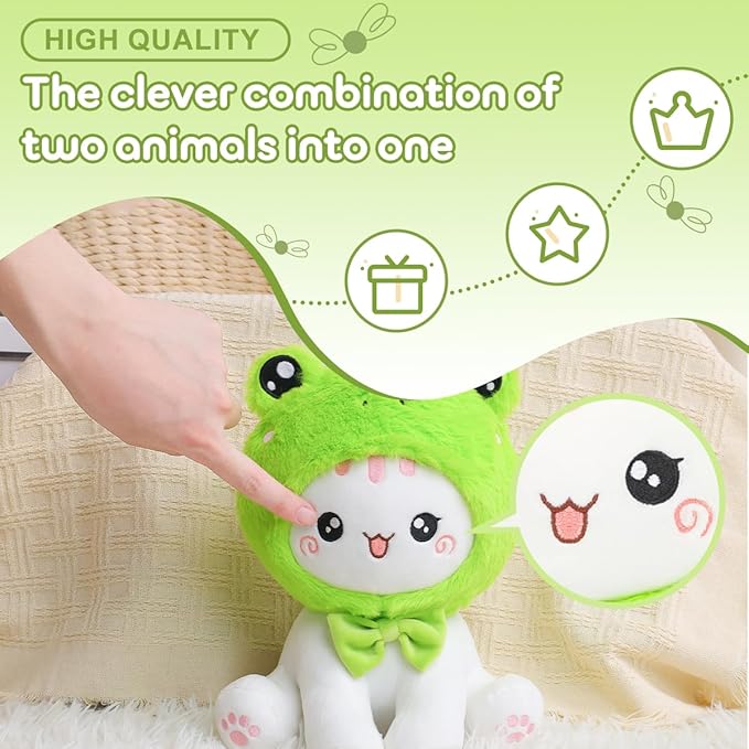 Cute Frog Cat Plush Toy 10" Kawaii Kitten Stuffed Animal, Cat Froggy Plushie Pillow Gift for Kids