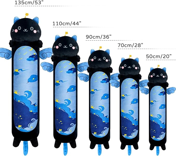 Long Cat Plush Kawaii Body Pillow, 36” Cute Black Cat Stuffed Animals Soft Plushies, Blue Star Kitten Big Plush Toys Throw Pillow Doll Gift for Girlfriend