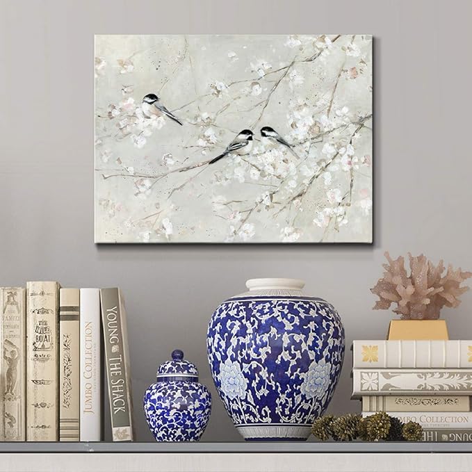 Renditions Gallery Canvas Nature Wall Art Modern Decorations Paintings Elegant Little Birds Glam Romantic Abstract Botanical Artwork Prints for Bedroom Office Kitchen - 18"x27" LT33