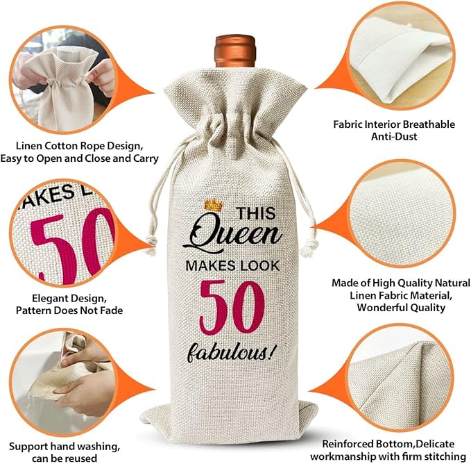50th Birthday Wine Gift Bag For Best Friend Mom Women Her, 1974 Birthday Gift, 50th Anniversary Wine Bag For Lady, 50th Birthday Party Decoration, This Queen Makes Look 50