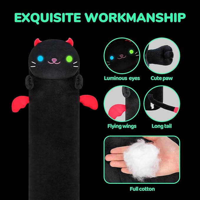 Long Cat Plush Body Pillow, 44” Luminous Light Up Black Cat Stuffed Animals Kawaii Night Light Plushies Pillow Glow in The Dark Gift for Girls Boys