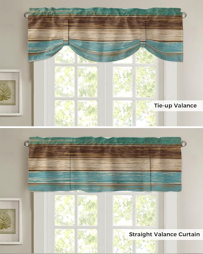 Farmhouse Blackout Tie Up Valance Curtains for Kitchen Windows Teal Turquoise Green Brown Country Window Toppers Balloon Shades for Living Room/Bathroom/Bedroom,42" X 12" Retro Rustic Barn Wood