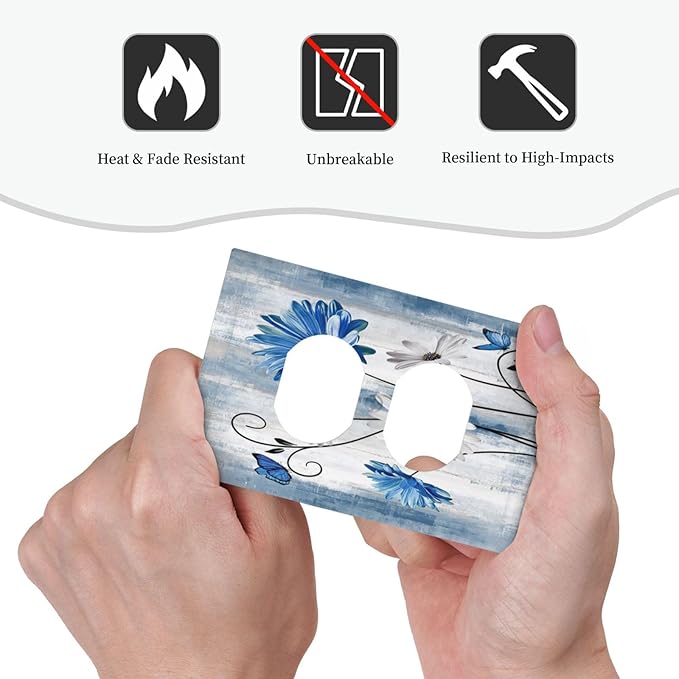 Rustic Teal Blue Daisy Floral Single Duplex Wall Plate Covers Light Switch Cover 1 Gang Outlet Plate Decorative Switchplate Covers Electrical Faceplate for Country Bathroom Bedroom Kitchen Decor